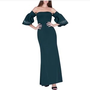 Off-Shoulder Petal SleevEmerald Green Evening Gown 6